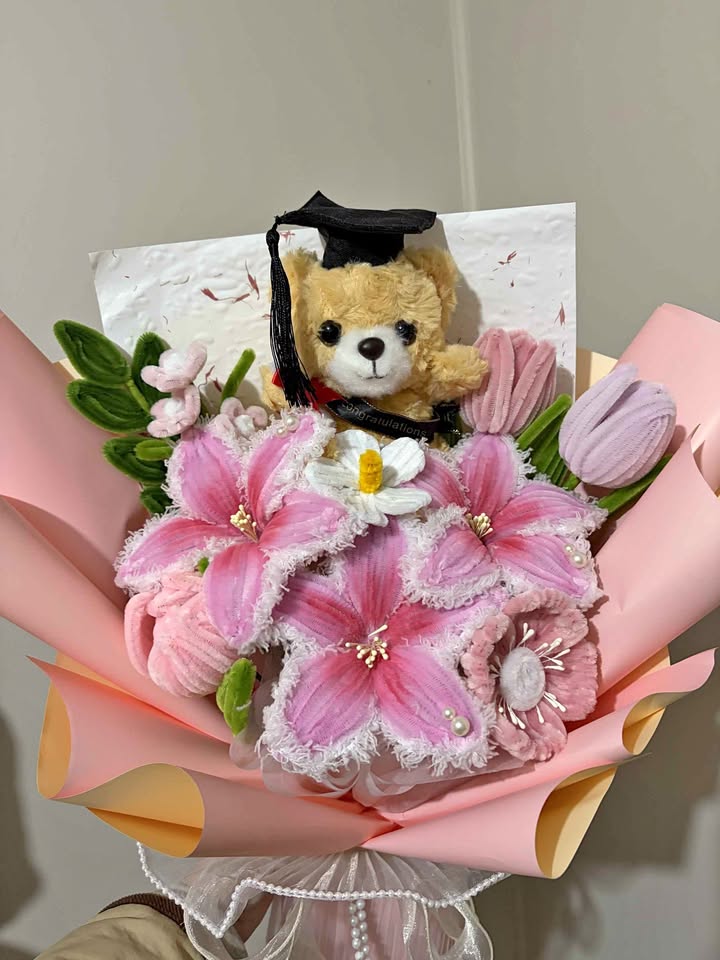 Pink Lily Graduation Bouquet with Teddy Bear — Large Pink Graduation Teddy Bear Flower Bouquet photo 1