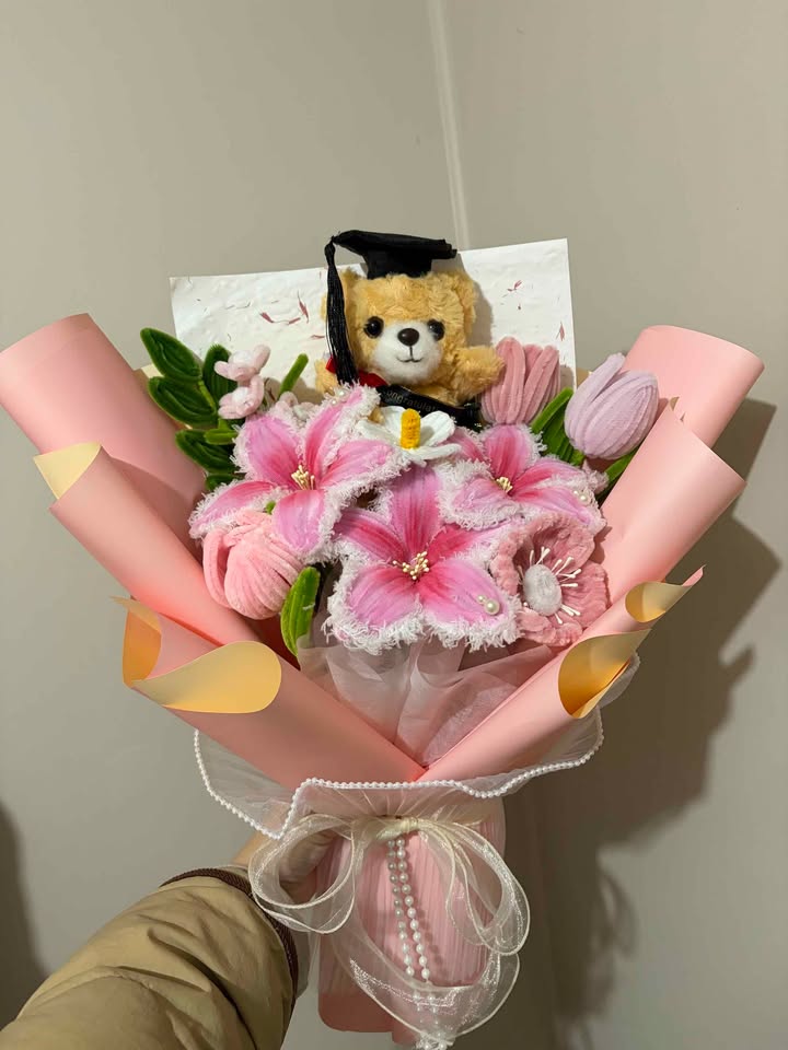 Pink Lily Graduation Bouquet with Teddy Bear — Large Pink Graduation Teddy Bear Flower Bouquet photo 2
