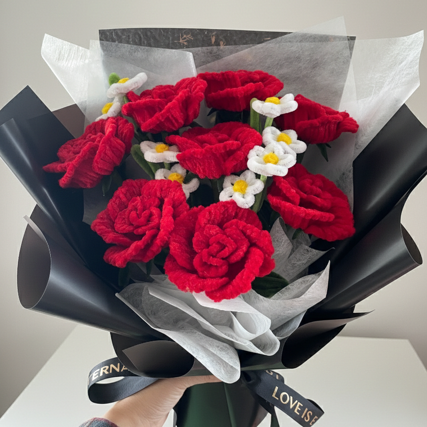 Handmade Pipe Cleaner Red Roses Bouquet in Black Wrap for Valentine's Day
