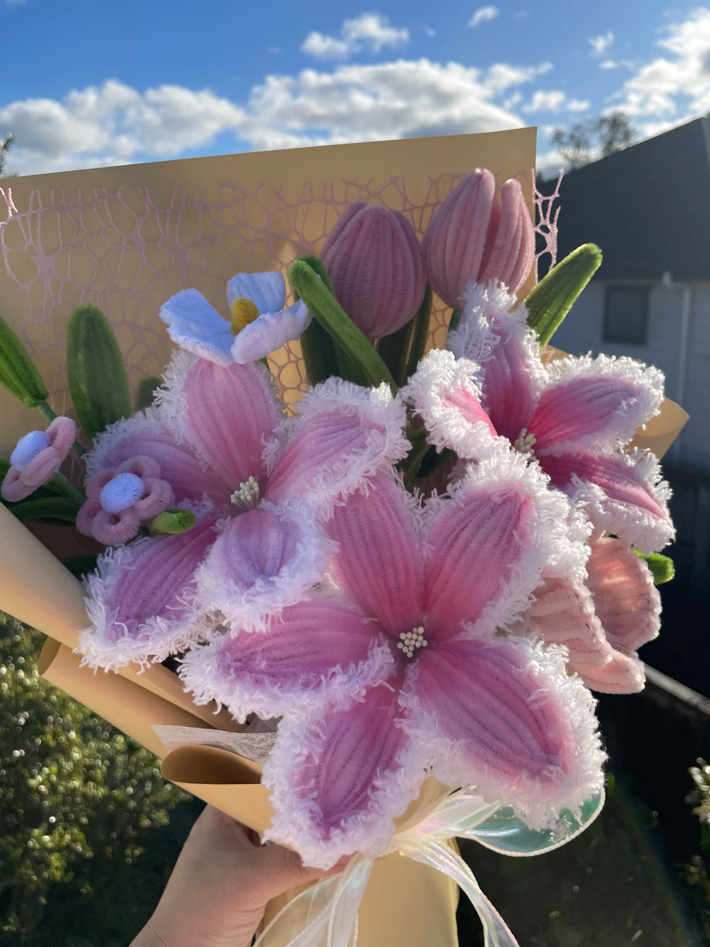Everlasting Pipe Cleaners flower Bouquet Pink fluffy Lily