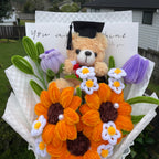 Three Orange Sunflower Graduation Bouquet with Teddy Bear