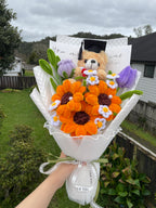 Three Orange Sunflower Graduation Bouquet with Teddy Bear