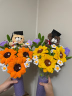 Three Orange Sunflower Graduation Bouquet with Teddy Bear
