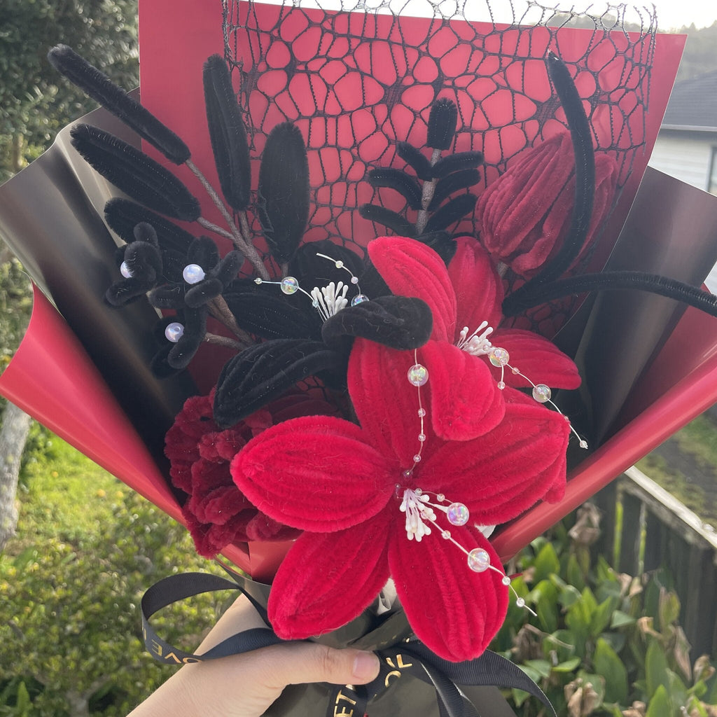 Black and Red Pipe Cleaner Lily and Rose Bouquet