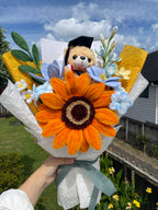 Large Orange Sunflower Graduation Bouquet with Teddy Bear