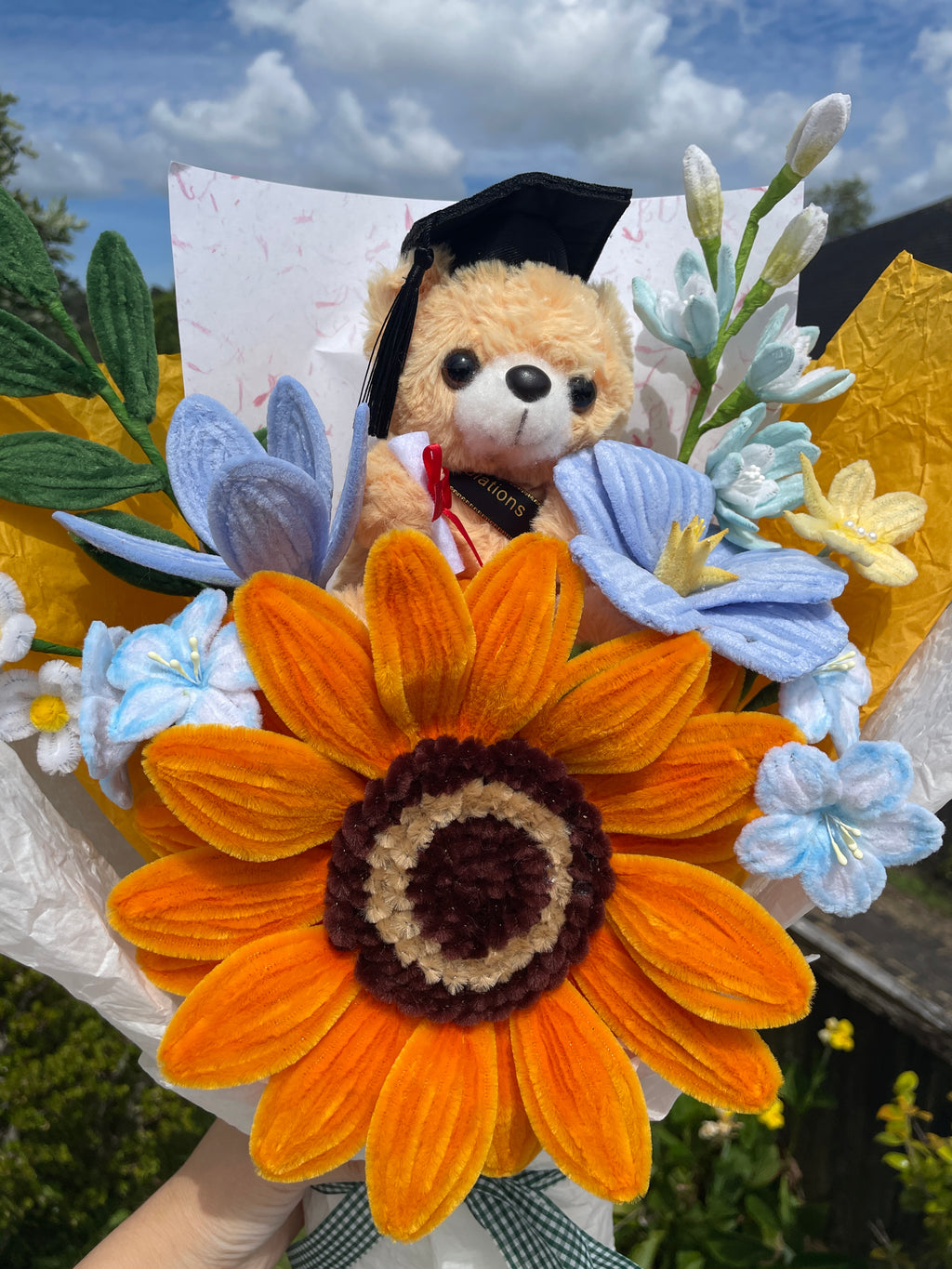Everlasting BIG Sunflower Bouquet with Graduation Teddy