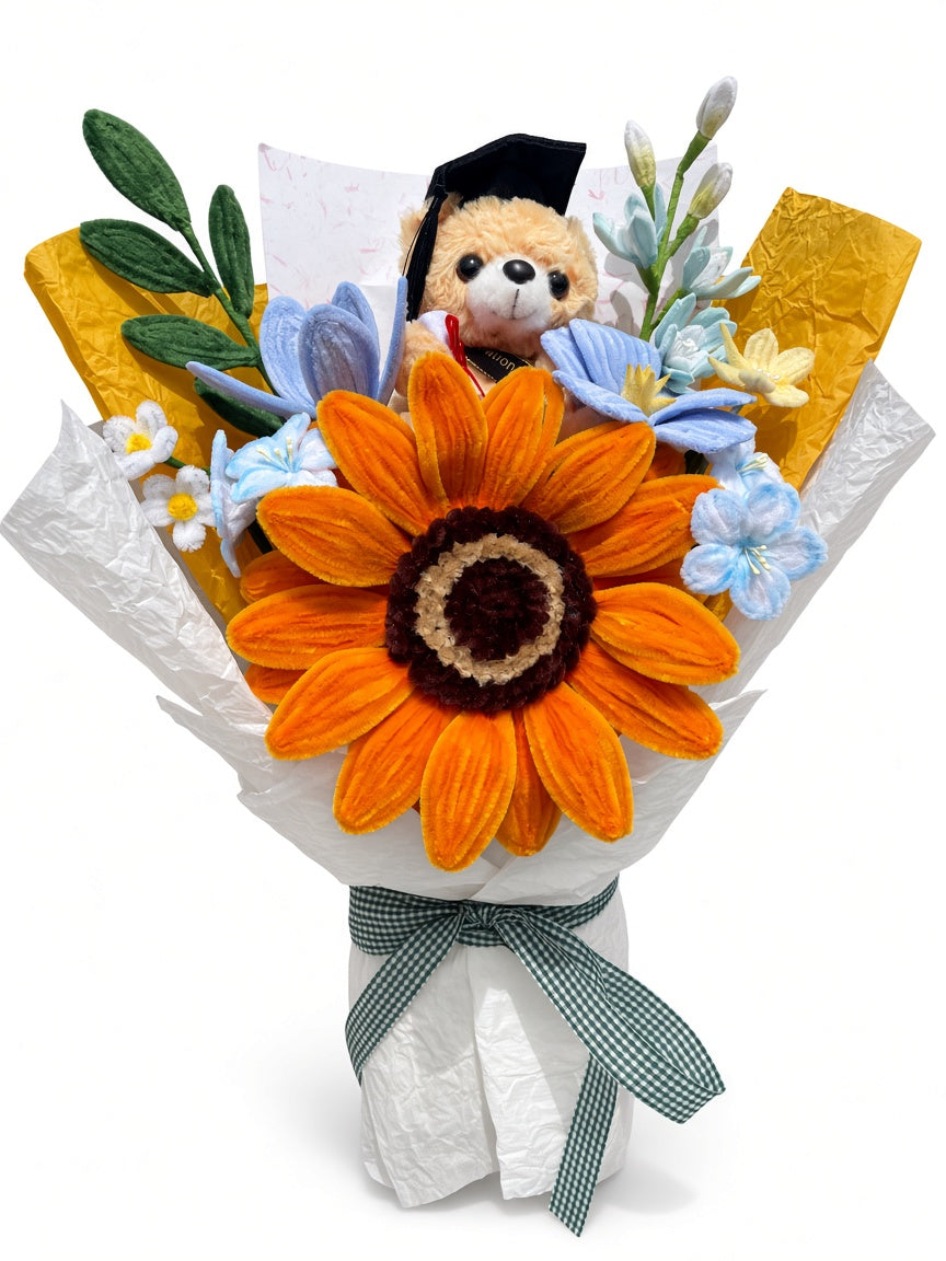Everlasting BIG Sunflower Bouquet with Graduation Teddy white background