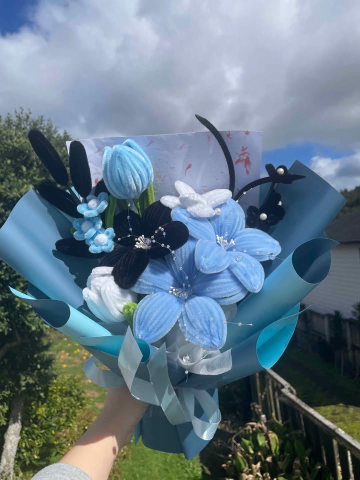 Large Blue and Black Handmade Flower Bouquet — original 2