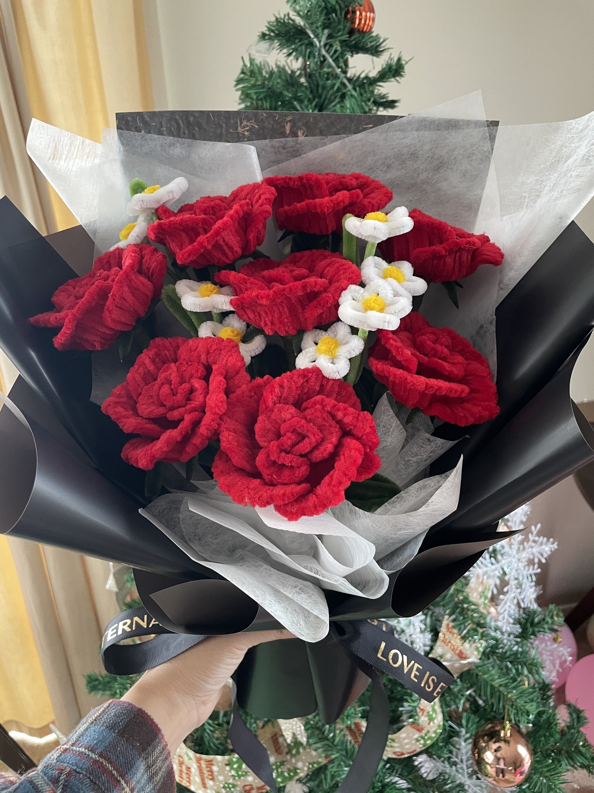 Handmade Pipe Cleaner Red Roses Bouquet in Black Wrap for Valentine's Day