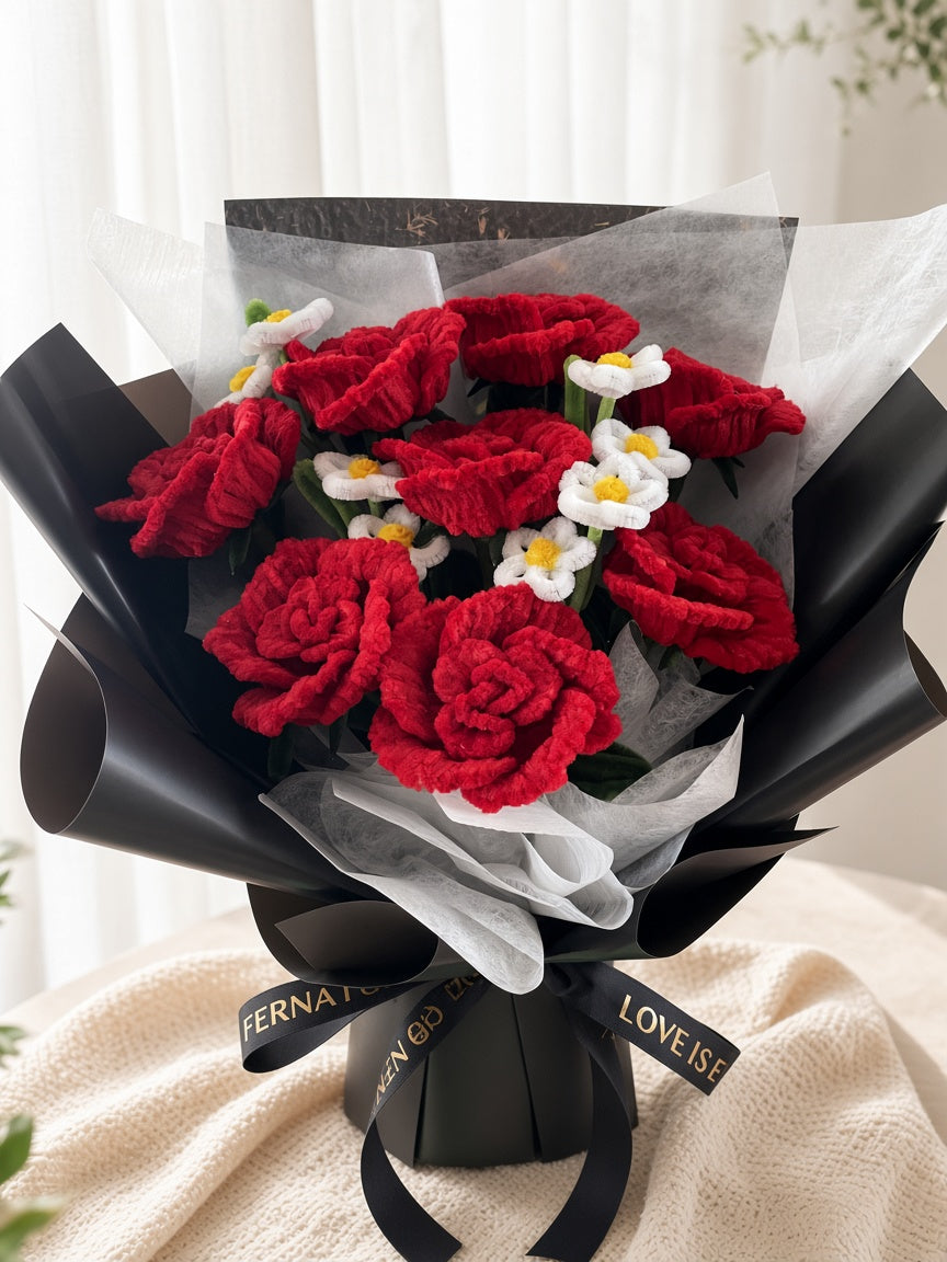 Handmade Pipe Cleaner Red Roses Bouquet in Black Wrap for Valentine's Day