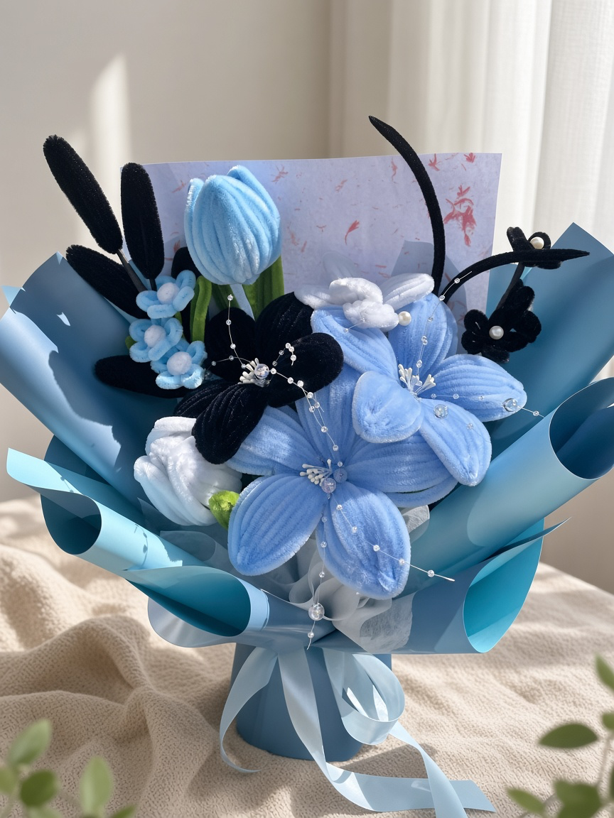 Large Blue and Black Handmade Flower Bouquet