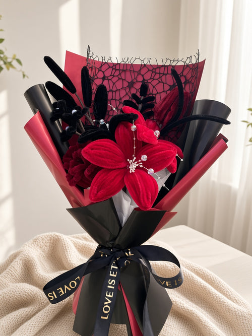 Black and Red Pipe Cleaner Lily and Rose Bouquet