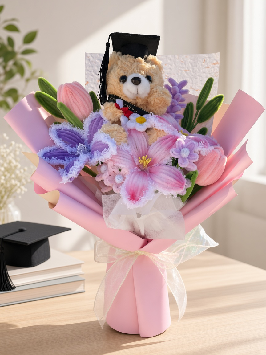 Pink Lily Graduation Bouquet with Teddy Bear