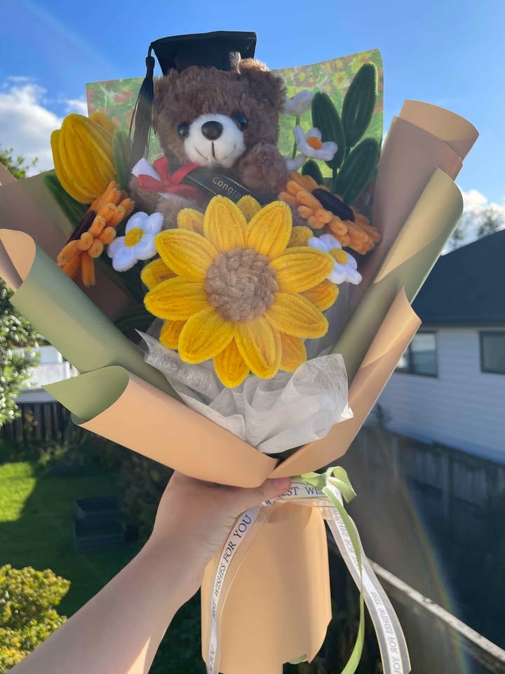 Yellow Sunflower Graduation Bouquet with Teddy Bear