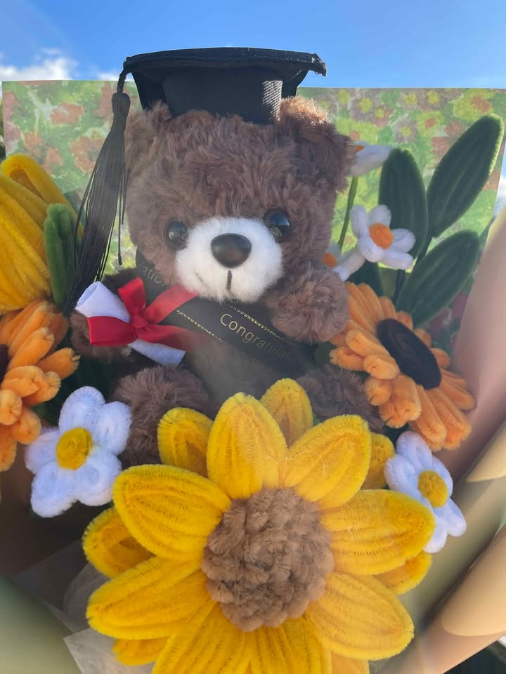 Yellow Sunflower Graduation Bouquet with Teddy Bear