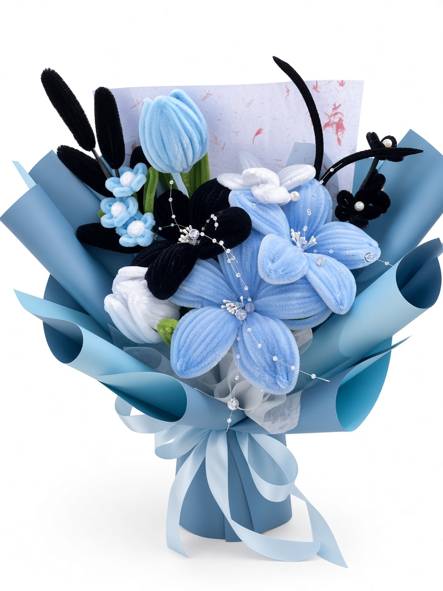 Large Blue and Black Handmade Flower Bouquet — white background