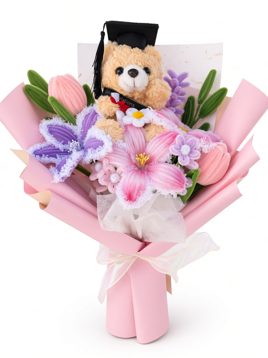 Pink Lily Graduation Bouquet with Teddy Bear — white background