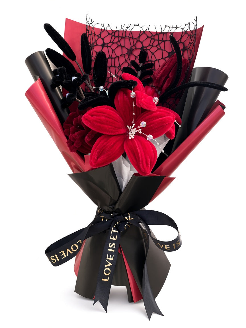 Black and Red Pipe Cleaner Lily and Rose Bouquet — white background