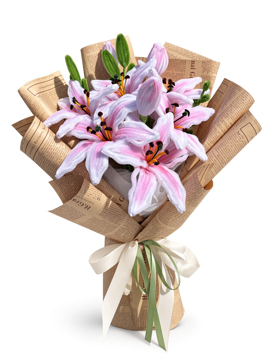 Handmade Pink Lily Bouquet — white background