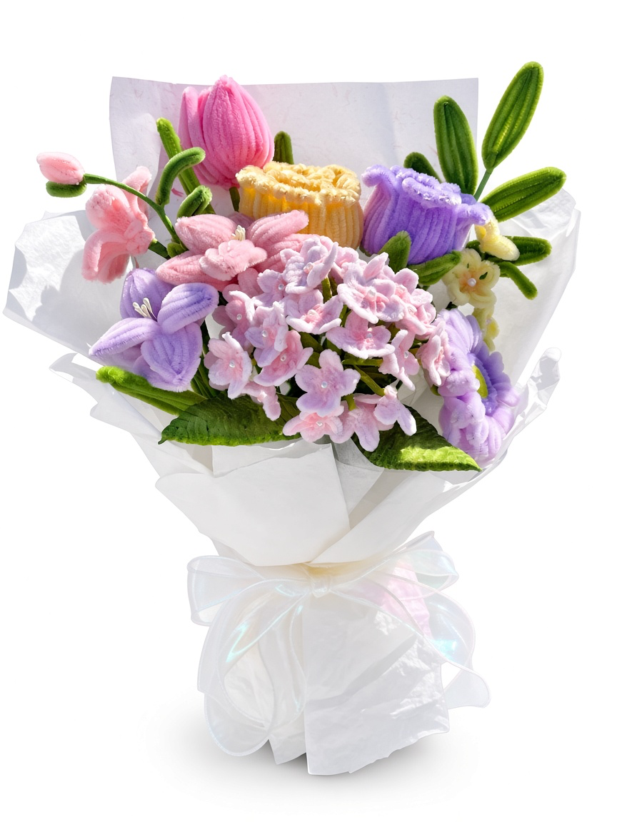 Hydrangea, Lily and Rose Handmade Flower Bouquet — white background